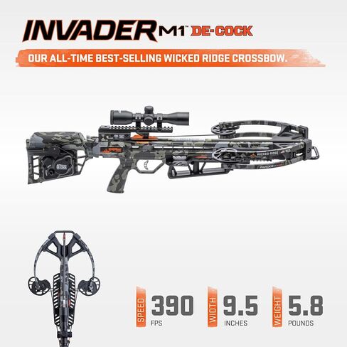 Wicked Ridge Invader M1 De-Cock Crossbow, Peak Camo - 390 FPS - Equipped with Pro-View 400 Scope, ACUdraw De-Cock (Crank System) + D1 Trigger | 400 Scope, D1 Trigger, 390 FPS in Saudi Arabia