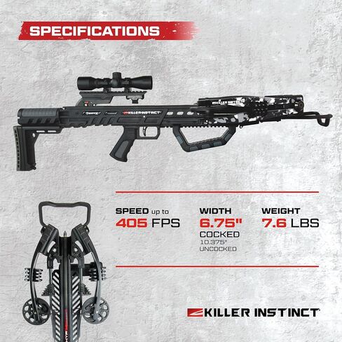 Killer Instinct TEMPR-X Crossbow Kit 405 FPS 195 LB Draw Weight - X CAM Synchronized Design with Lumix 4x32 Scope and Anti-Dry Fire Safety | 4x32 Scope, Anti-Dry Fire Safety, X CAM Synchronized Design, 405 FPS in Kuwait