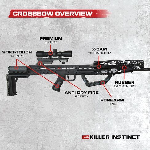 Killer Instinct TEMPR-X Crossbow Kit 405 FPS 195 LB Draw Weight - X CAM Synchronized Design with Lumix 4x32 Scope and Anti-Dry Fire Safety | 4x32 Scope, Anti-Dry Fire Safety, X CAM Synchronized Design, 405 FPS in Kuwait