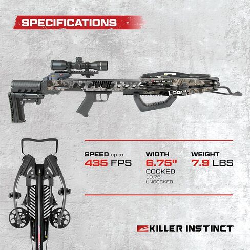 Killer Instinct LOGIX 435 Crossbow Kit 435 FPS 210 LB Draw Weight - LET-Down DE-Cocking Triggerbox with X CAM System and Illuminated 4x32 Scope | X CAM System, 4x32 Scope, DE-Cocking Triggerbox, Kit FPS 210 LB Draw Weight, De-cocking system in Kuwait