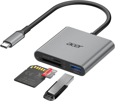 Acer SD Card Reader USB C, 3 in 1 Memory Card Reader with Dual Slots/USB3.0 | Aluminum Micro SD Card Adapter for iPhone 17/16/15 Compatible with Camera, Android, MacBook Neo/Pro/Air, Laptop in Kuwait