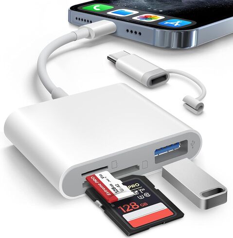 AkHolz SD Card Reader for iPhone iPad Built-in Lightening & USB-C Dual Connectors Card Adapter with SD MicroSD USB-A 3 Slots Trail Camera Memory Card Viewer, Portable No App Required Plug and Play in Saudi Arabia