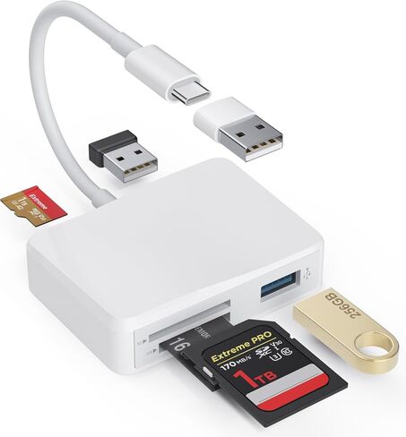 SD Card Reader, 5 in 1 USB-C & USB Card Adapter with SD/MicroSD/MS and Dual USB-A Ports Memory Card Reader for iPhone 17/16/15 Pro Max iPad MacBook Pro/Air M4/M3 Android Phone/Tablet PC (White) in Kuwait