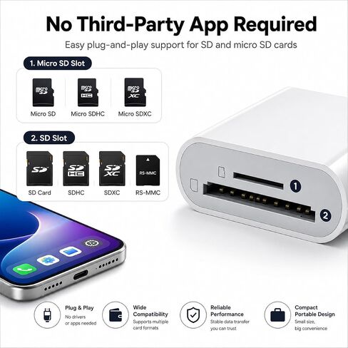 2-in-1 USB-C SD & MicroSD Card Reader for iPhone 17/16/15, iPad, MacBook Pro/Air, Android & PC — Plug & Play Adapter Supports SD/TF Cards up to 512 GB | Fast 16 MB/s Transfer Speed | White in Saudi Arabia