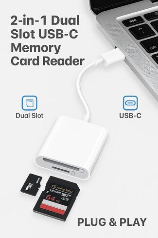 2-in-1 USB-C SD & MicroSD Card Reader for iPhone 17/16/15, iPad, MacBook Pro/Air, Android & PC — Plug & Play Adapter Supports SD/TF Cards up to 512 GB | Fast 16 MB/s Transfer Speed | White in Saudi Arabia