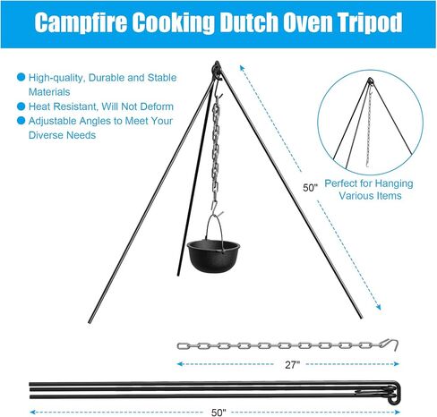 50" Dutch Oven Tripod with Carry Bag, Cast Iron Campfire Cooking Stand | Heavy Duty Camp Fire Cooking Equipment for Camp Chef Outdoor Camping, Cooking Lantern Tripod Hanger with Storage Bag in Saudi Arabia