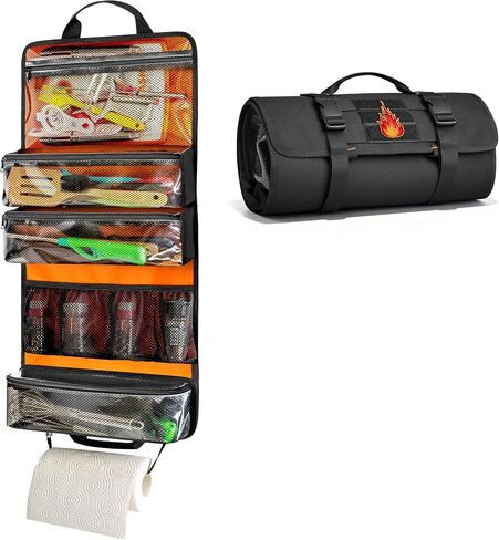HODRANT Camping Roll Bag, Hanging Camp Kitchen Organizer with Multi Pockets | Cookware Utensil Holder with Detachable Tool Pouch, Outdoor Grill Tools Storage Case for RV, BBQ, Fishing, Travel, Bog Only in Kuwait