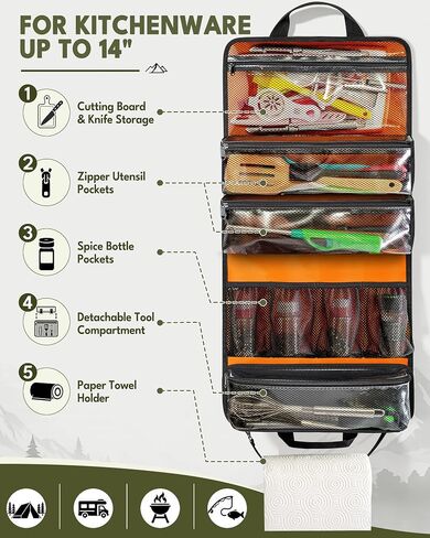 HODRANT Camping Roll Bag, Hanging Camp Kitchen Organizer with Multi Pockets | Cookware Utensil Holder with Detachable Tool Pouch, Outdoor Grill Tools Storage Case for RV, BBQ, Fishing, Travel, Bog Only in Kuwait