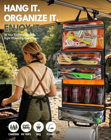 HODRANT Camping Roll Bag, Hanging Camp Kitchen Organizer with Multi Pockets | Cookware Utensil Holder with Detachable Tool Pouch, Outdoor Grill Tools Storage Case for RV, BBQ, Fishing, Travel, Bog Only in Kuwait
