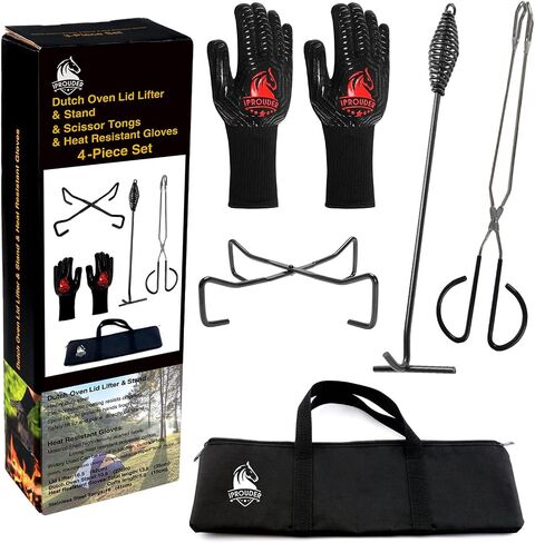 5-in-1 Dutch Oven Camping Accessories Kit - Campfire Cooking Equipment with Heat-Resistant Gloves, 16" Scissors Tongs, Lid Lifter, Lid Stand & Trivet | BBQ Tools, Outdoor Camping Cookware in Saudi Arabia