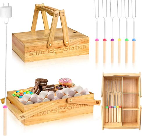 4 in 1 Smores Station with Handles 6 Pcs 32'' Marshmallow Roasting Sticks Wooden Smores Caddy Organizer Smores Tray with Lid Smore Skewers Extendable Smores Box Storage for Fire Pits Camping BBQ in Saudi Arabia