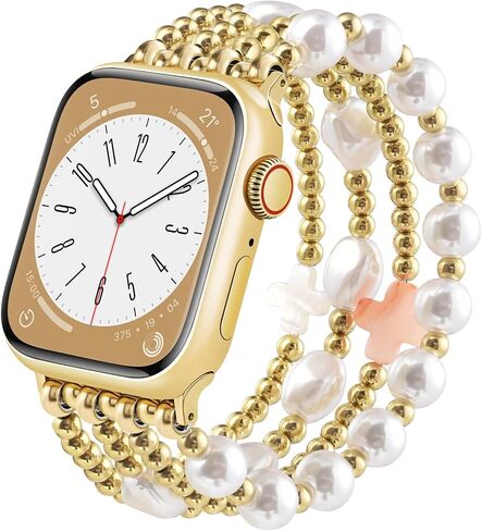 AIRSPO Gold Beaded Bracelets Compatible for Apple Watch Bands 38mm 40mm 41mm 42mm for Women, Fashion Handmade Dressy iPhone Watch Bands Stainless Steel Beads & Pearl Elastic Strap for iWatch Series 11 10 9 SE 8 7 6 5 4 3 2 1 Gold in Saudi Arabia
