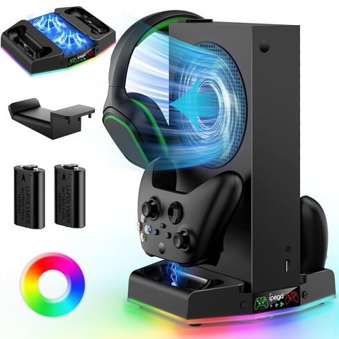 Cooling Stand & Charging Station for Xbox Series S with 15 RGB Light Modes | Dual Controller Charger & Cooler Fan for Xbox Series S Accessories with 2*1400mAH Batteries, Headphone Hook (Black) in Saudi Arabia