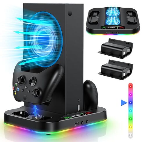 Cooling Fan Stand Dual Charger Station Accessories for Xbox Series S, White | Cooling fan with 2X1400mAH Rechargeable Battery Pack,Charge Dock for Xbox S with 15 RGB Light Modes,USB2.0 Port for Sync in Saudi Arabia