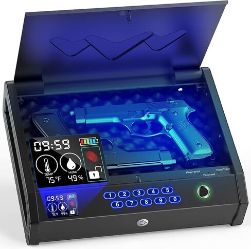 Handheld Portable Biometric Gun Safe for Handgun 3 Ways of Access | Fingerprint Pistol Safe Quick Access with LCD Temperature Humidity for Bedside, Travel, Car, Fit 2 Handguns in Saudi Arabia