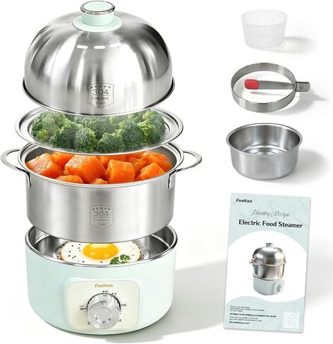 FeeKaa Baby Food Steamer Electric Steamers Stainless Steel Double-Tier | Food Steamer for Cooking Vegetables & Eggs, Steamer for Baby Food, Timer, Auto Shut-Off, Dishwasher-Safe, 3.2Qt Green in Kuwait