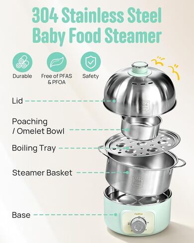 FeeKaa Baby Food Steamer Electric Steamers Stainless Steel Double-Tier | Food Steamer for Cooking Vegetables & Eggs, Steamer for Baby Food, Timer, Auto Shut-Off, Dishwasher-Safe, 3.2Qt Green in Kuwait