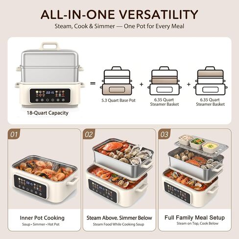 Fulgutonit 18QT Electric Food Steamer | 304 Stainless Steel,2-Tier,24H Preset Timer, 12 Smart Cooking Modes, For Healthy Family Meals & Hot Pot in Saudi Arabia