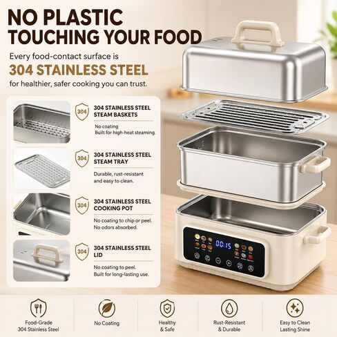 Fulgutonit 18QT Electric Food Steamer | 304 Stainless Steel,2-Tier,24H Preset Timer, 12 Smart Cooking Modes, For Healthy Family Meals & Hot Pot in Saudi Arabia