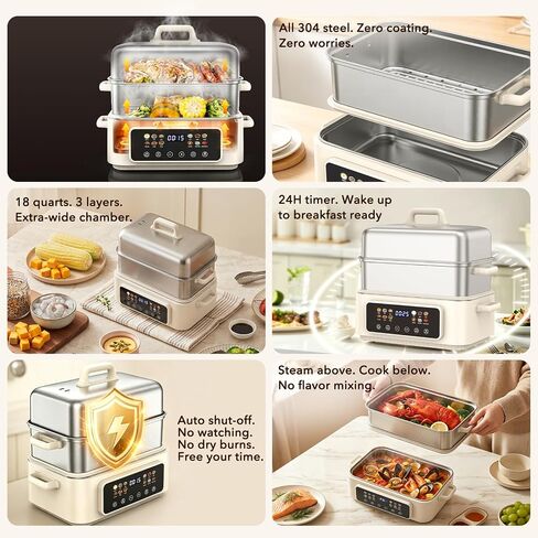 Fulgutonit 18QT Electric Food Steamer | 304 Stainless Steel,2-Tier,24H Preset Timer, 12 Smart Cooking Modes, For Healthy Family Meals & Hot Pot in Saudi Arabia