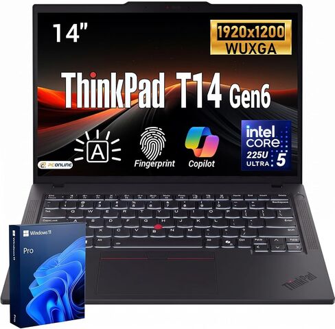 PCONLINE ThinkPad T14 Core Ultra 5 225U 14" FHD+ IPS Business AI Laptop | 16GB DDR5, 512GB SSD, 5MP Webcam, Fingerprint, Backlit Keyboard, Wi-Fi 6E, HDMI in Kuwait