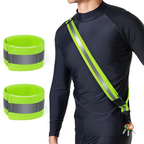 Reflective Sash for Night Walking, High Visibility Running Safety Gear with 2Pcs Reflective Armbands, Adjustable Cross-Body Reflective Belt for Men Women Kids, Essential Gear for Jogging Dog Walking in Kuwait