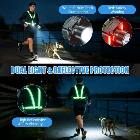 ODCPN Running Lights for Runners, 550Lm, X-Shaped Buckle Running Light Vest | Running Light with 45° Adjustable Beam, IPX5 Waterproof 360° Reflective Vest, Running Night Gear for Jogging/Walking/Cycling in Saudi Arabia