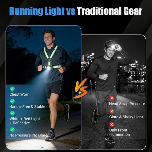 ODCPN Running Lights for Runners, 550Lm, X-Shaped Buckle Running Light Vest | Running Light with 45° Adjustable Beam, IPX5 Waterproof 360° Reflective Vest, Running Night Gear for Jogging/Walking/Cycling in Saudi Arabia