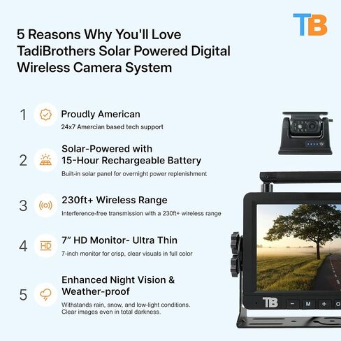 7" Solar Powered Wireless RV Backup Camera System – No Charging Needed, 100% Solar-Powered, Heavy-Duty Camera, Interference-Free Signal – American-Based, 1-Year Warranty in Saudi Arabia