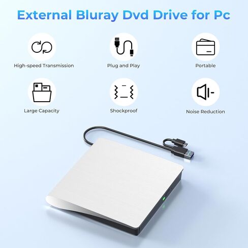 Yaeonku White External Blu-ray Drives, Portable 3D Bluray Burner External | Blu Ray Drive for PC Read & Write CD/DVD/BD, Ultra-portable Design Blu Ray Burner for Windows Vista/7/8/10/11 MacOS Linux in Saudi Arabia