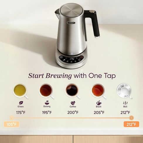 Cosori Stainless Steel Electric Kettle with Temperature Control, 1.7L | No Plastic Contact with Water, 5 Presets, ±5°F Temp Control, 60-Min Keep Warm, Dual Lid Opening, Tea, Coffee & Hot Water in Saudi Arabia