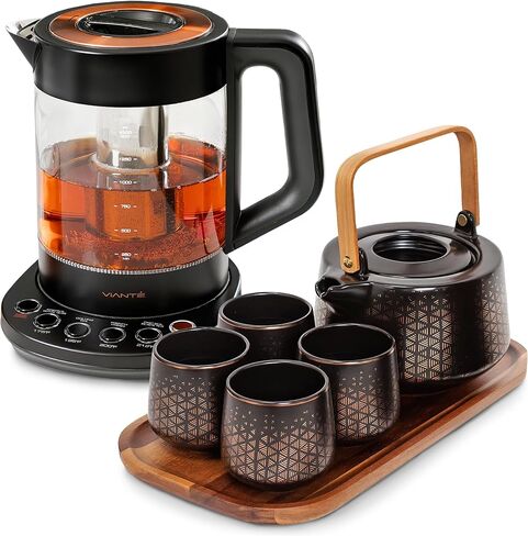 Viante Alba Electric Tea Kettle With Infuser, No Plastic, 1.5L | Borosilicate glass & 304 stainless steel construction. 4 temp presets, keep-warm, cordless, auto shut-off in Saudi Arabia