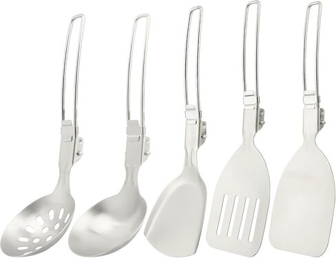 Camping Kitchen Utensil Set, 5Pcs Foldable Stainless Steel Outdoor Cooking Utensil, Portable Folding Soup Ladles Strainer Spatula Kitchen Gear for Outdoor Camping BBQs Parties(Color:Silver) in Saudi Arabia