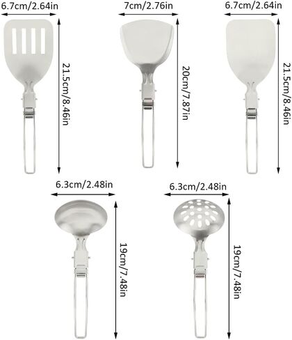 Camping Kitchen Utensil Set, 5Pcs Foldable Stainless Steel Outdoor Cooking Utensil, Portable Folding Soup Ladles Strainer Spatula Kitchen Gear for Outdoor Camping BBQs Parties(Color:Silver) in Saudi Arabia