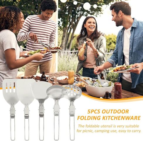 Camping Kitchen Utensil Set, 5Pcs Foldable Stainless Steel Outdoor Cooking Utensil, Portable Folding Soup Ladles Strainer Spatula Kitchen Gear for Outdoor Camping BBQs Parties(Color:Silver) in Saudi Arabia
