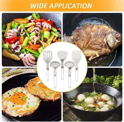 Camping Kitchen Utensil Set, 5Pcs Foldable Stainless Steel Outdoor Cooking Utensil, Portable Folding Soup Ladles Strainer Spatula Kitchen Gear for Outdoor Camping BBQs Parties(Color:Silver) in Saudi Arabia