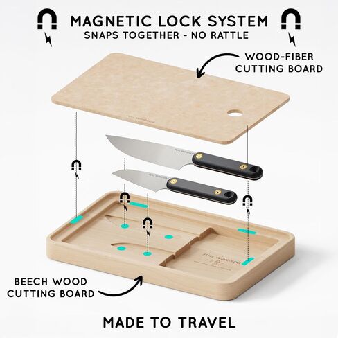MagKnives Magnetic Camping Cutting Board and Knife Set | Portable Camping Kitchen Prep Kit - 2 Wood Cutting Boards, 6" Chef Knife, 3.5" Utility Knife, Carry Bag for Outdoor Cooking in Kuwait