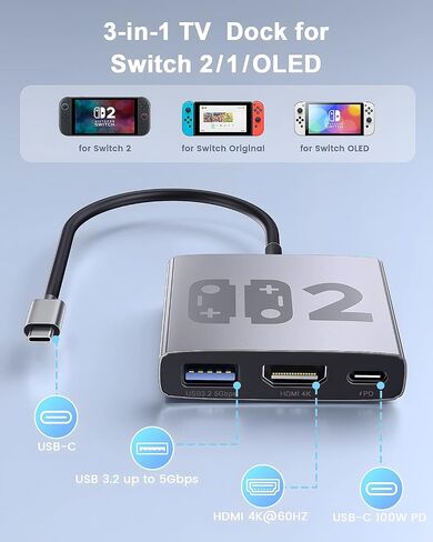 Juylay Aluminum Alloy Switch 2 Dock, 3-in-1 Portable Docking Station | TV Adapter, with HDMI 4K@60Hz, USB 3.2, PD 100W Ports, for Switch 2/1/OLED/ROG Ally/Legion GO, Travel Use, Plug-and-Play in Saudi Arabia