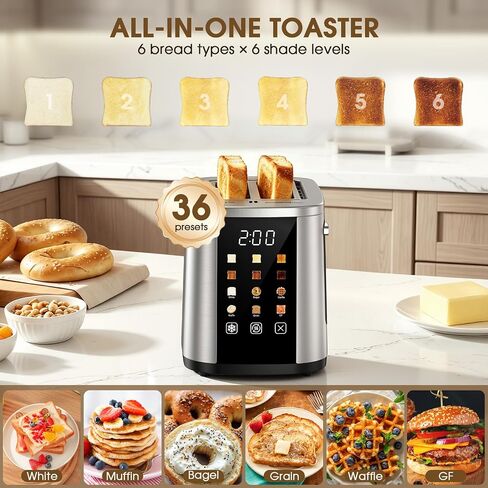 Foyoconven 2 Slice Toaster with Touch Screen, 1.5" Extra Wide Slots for Bagels & Thick Bread, Stainless Steel, Digital Countdown Timer, 6 Shade Settings, Defrost/Reheat/Cancel, Removable Crumb Tray in Saudi Arabia