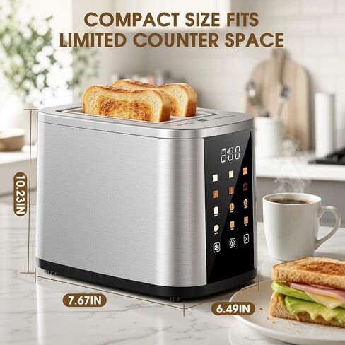 Foyoconven 2 Slice Toaster with Touch Screen, 1.5" Extra Wide Slots for Bagels & Thick Bread, Stainless Steel, Digital Countdown Timer, 6 Shade Settings, Defrost/Reheat/Cancel, Removable Crumb Tray in Saudi Arabia