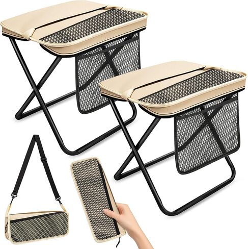 2 Pcs XL Foldable Backpack Stool | 14.2" Wide Seat & Knee-Friendly Portable Folding Stool, Heavy Duty Collapsible Camping Seat for Fishing Travel - Khaki in Saudi Arabia