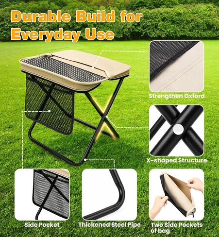 2 Pcs XL Foldable Backpack Stool | 14.2" Wide Seat & Knee-Friendly Portable Folding Stool, Heavy Duty Collapsible Camping Seat for Fishing Travel - Khaki in Saudi Arabia