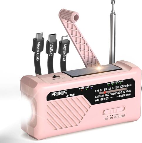 PRUNUS J-366 Emergency Radio with 3 Charging Cables, NOAA Weather Alert | 7400mWh/Solar/Hand Crank/USB-C Charging, Battery Operated, WB/AM/FM, SOS Alarm, Flashlight, Compact for Bag, NOAA Radio in Saudi Arabia