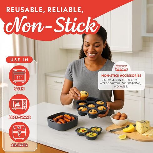 مجموعة إكسسوارات مقلاة الهواء جورميا - 3 قطع سيليكون، بطانة، جهاز طهي قضمة البيض، قالب كب كيك 7 فتحات، خالية من مادة BPA، غير لاصقة، مقاومة للحرارة 445 درجة فهرنهايت، آمنة للاستخدام في غسالة الأطباق، درجة الطعام in Kuwait