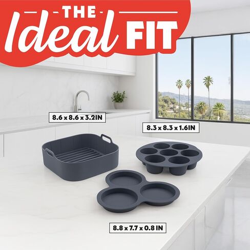 مجموعة إكسسوارات مقلاة الهواء جورميا - 3 قطع سيليكون، بطانة، جهاز طهي قضمة البيض، قالب كب كيك 7 فتحات، خالية من مادة BPA، غير لاصقة، مقاومة للحرارة 445 درجة فهرنهايت، آمنة للاستخدام في غسالة الأطباق، درجة الطعام in Kuwait