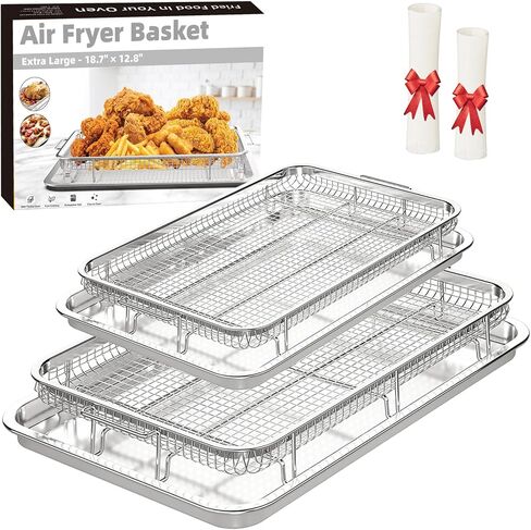 Air Fryer Basket for Oven, 2 Set Oven Air Fryer Basket and Tray For Cooking | with 60 Sheets Parchment Papers,THORSES Food-Grade Stainless Steel Air Fryer Rack and Crisper Tray-Black Large15"&Medium13.4" in Kuwait