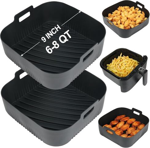 BYKITCHEN 9 Inch Square Reusable Silicone Air Fryer Liners for 6 to 8QT | 2pcs Silicone Airfryer Basket Tray Insert, Air Fryer Accessories for Corsori 6QT, Ninja Airfryer Pro XL 6.5QT, Gourmia & More in Saudi Arabia