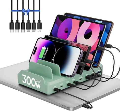 Lcssio 300W Charging Station for Multiple Devices, 8 Port Fast Charger | Fast Charging, Safety Certified, Compact Design, Organized Charging, Multiple Devices at Once, With 6 Cables in Saudi Arabia