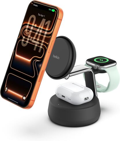 Belkin Qi2.2 25W Wireless Fast Charging Station, 3 in 1 iPhone Charger | Fast Charging, MagSafe Compatible, iPhone 17/16/15, Apple Watch, AirPods, Travel Charger, Magnetic in Saudi Arabia