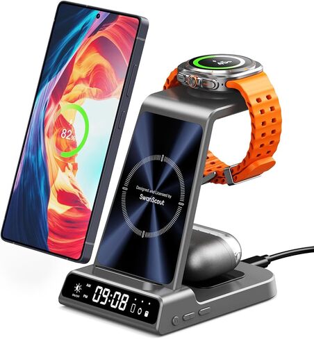 3 in 1 Wireless Charger for Samsung Galaxy S26 Ultra, Galaxy Watch 8, Buds | Dimmable LED clock, Dual-angle charging stand, Case-friendly, Compact & space-saving, Multi-protection, Charging indicator in Saudi Arabia